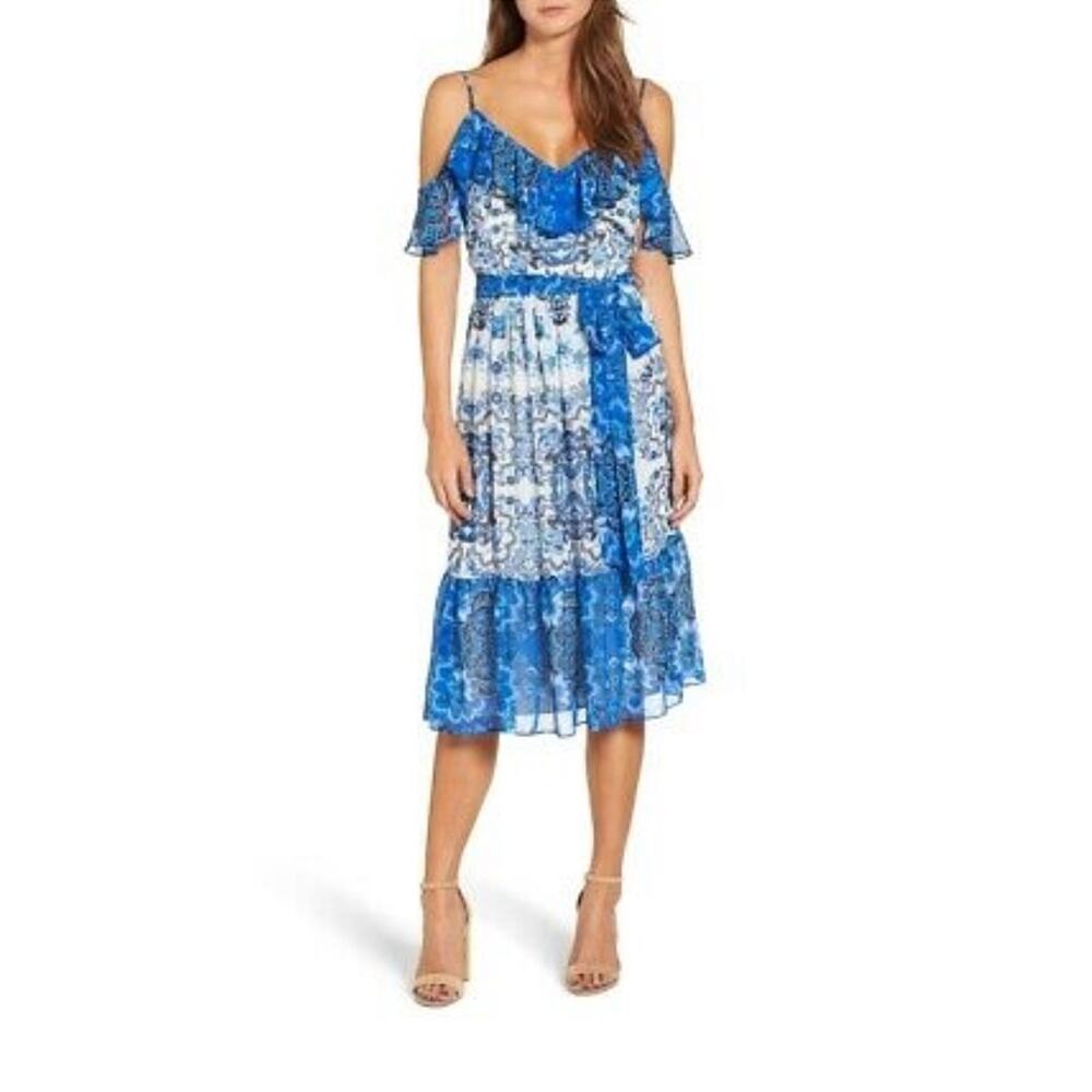5/$30 Eliza J Floral Cold Shoulder Ruffle Midi Dress Blue 4
